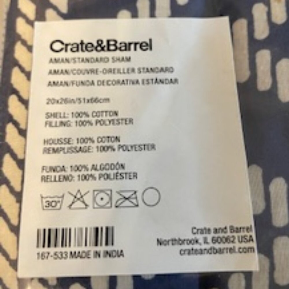 Crate and Barrel - set of 2 Standard  Shams AMAN Cotton Shams Navy/white